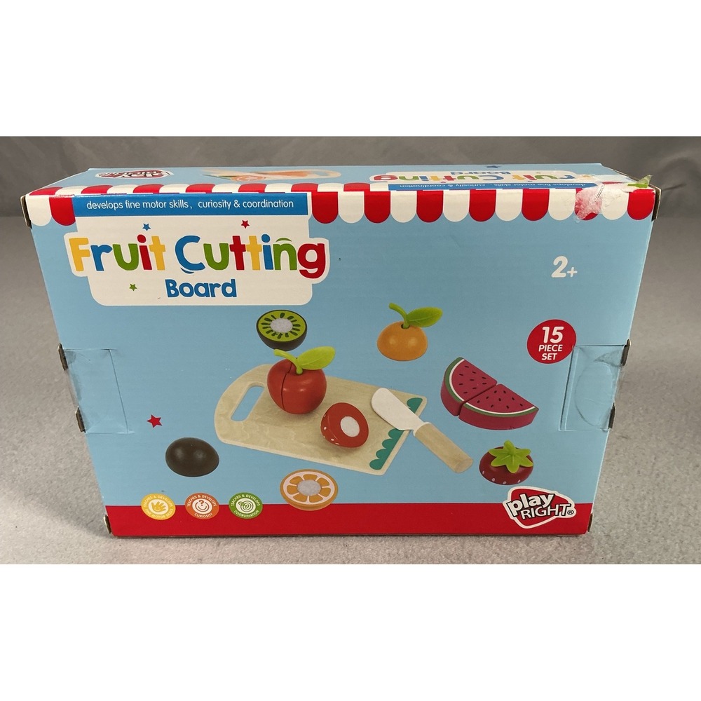 Play Right Fruit Cutting Board 15 Piece Wooden Pretend Food Play Set Ages 2+ New